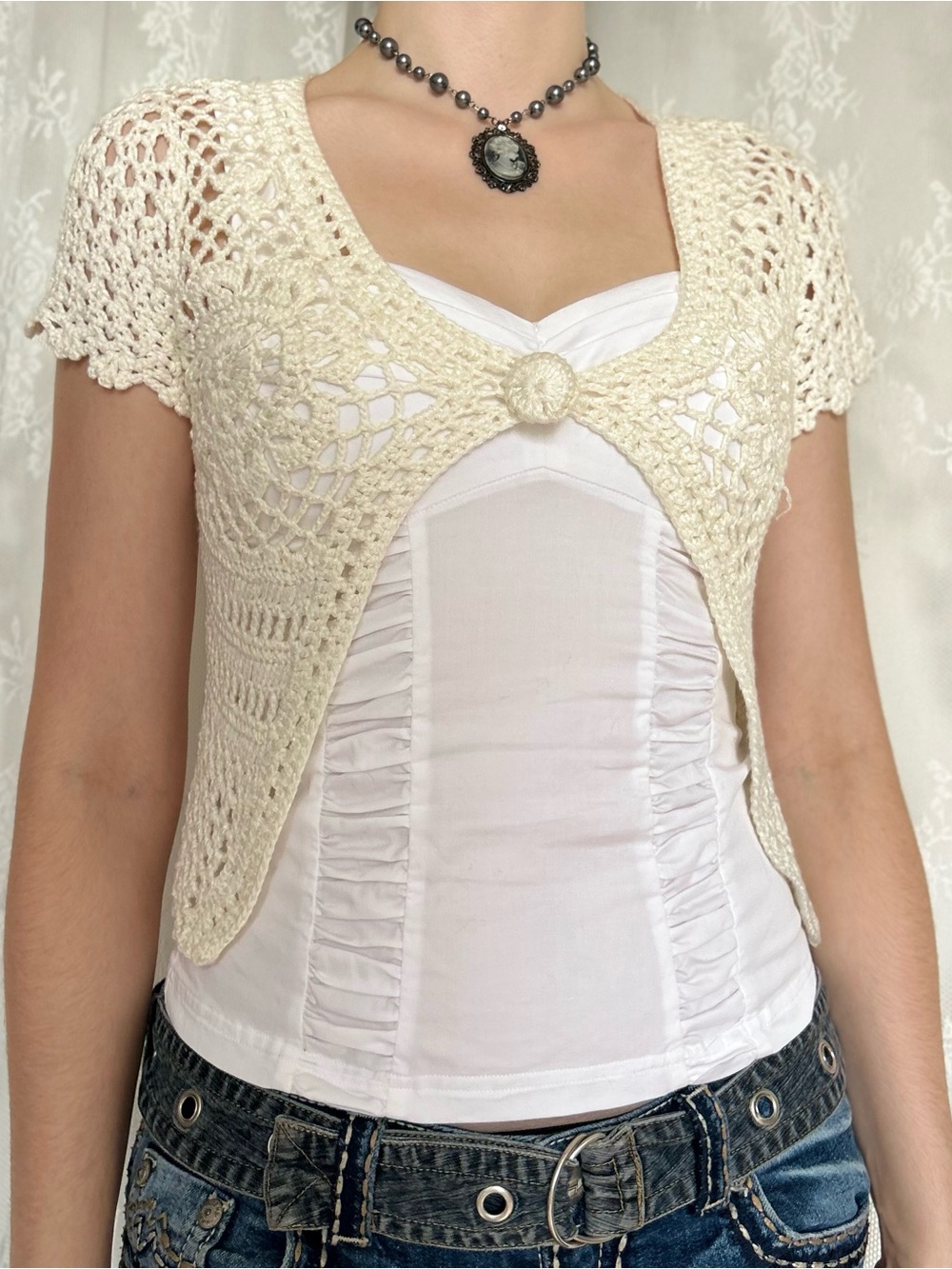 Vintage Coquette Cream Crochet Cardigan